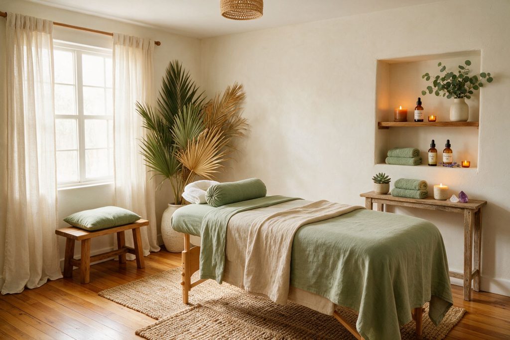 Calm healing room with sage linen treatment table and candles