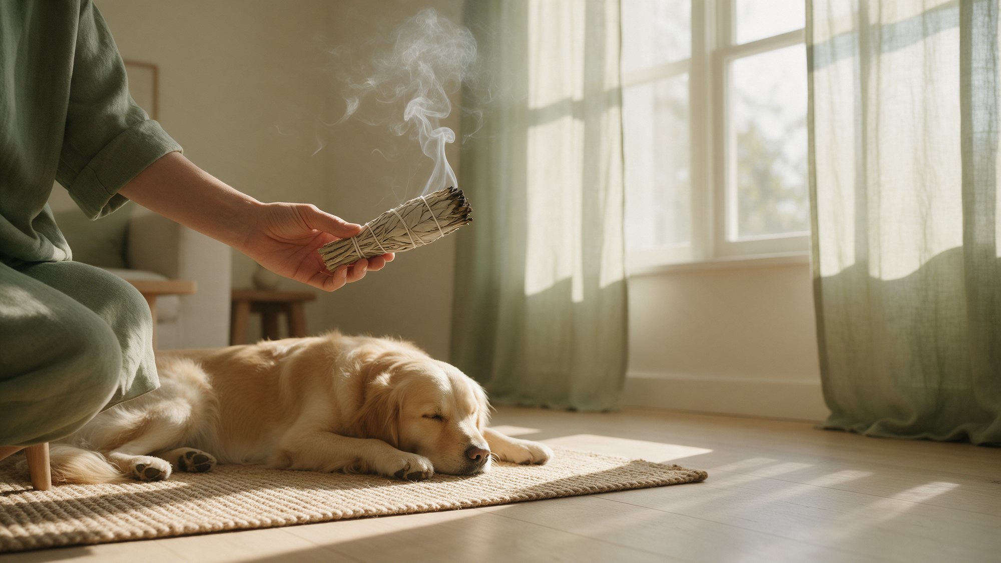 Clearing a home's energy with white sage while a golden retriever rests